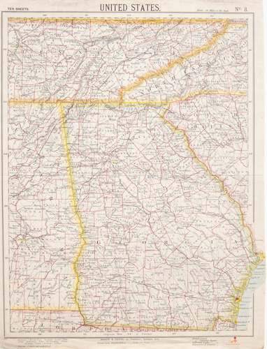 antique map Georgia, with parts of Florida, Alabama, Tennessee, North Carolina and South Carolina